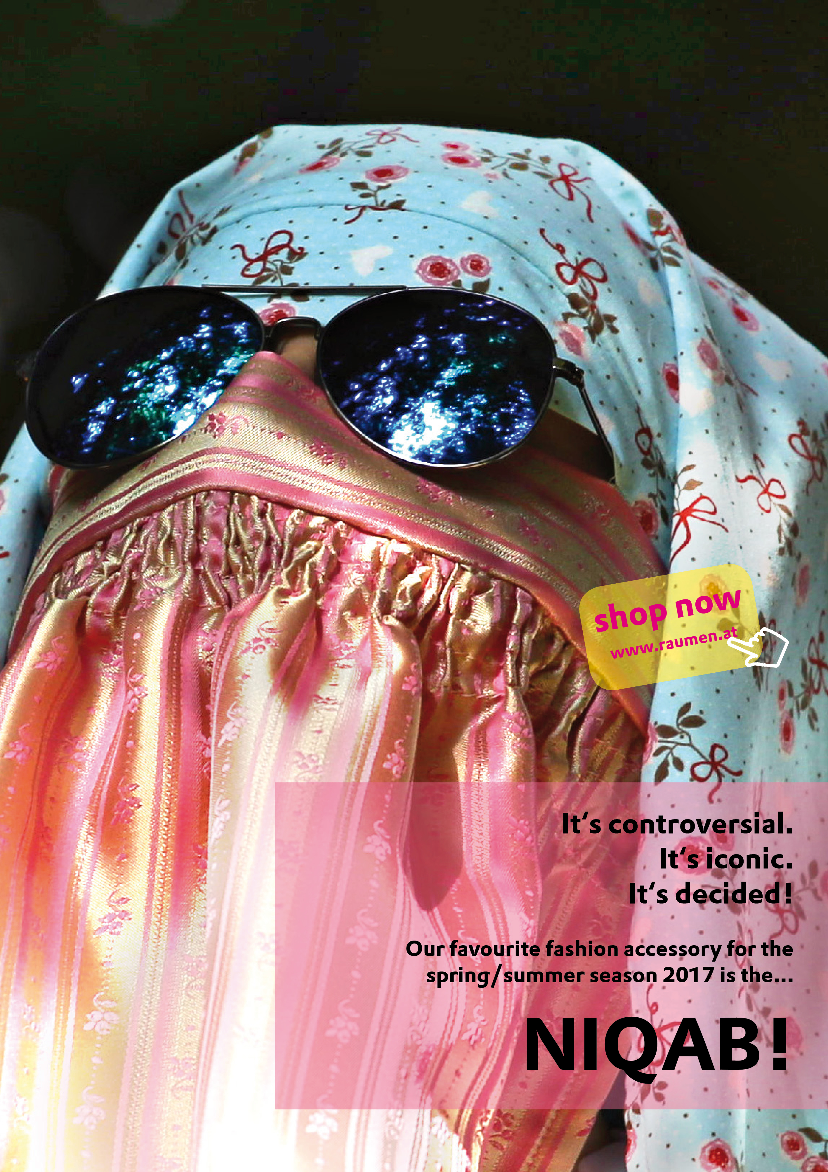 Close up of a person's head wearing a dirndl niqab and sunglasses